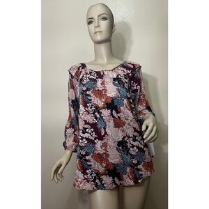 NWT AGB Women's Floral Blouse in Burgundy and Blue